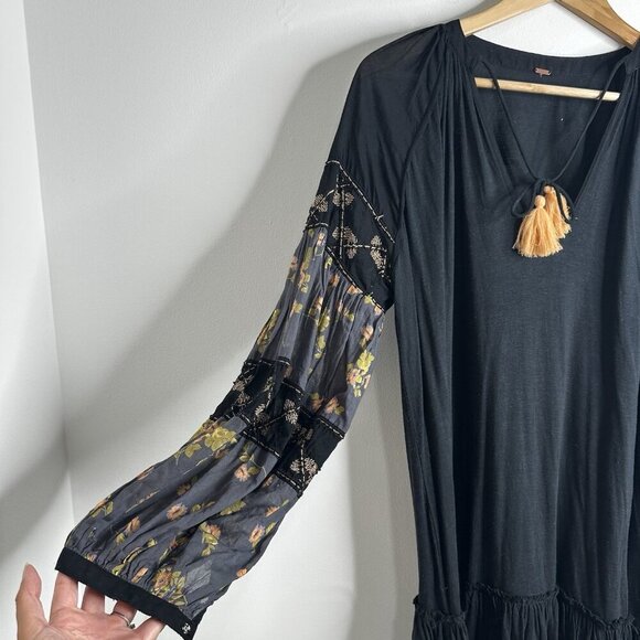 Free People Mix It Up Black Tunic Dress Large Boho Floral Balloon Sleeve - Picture 8 of 16